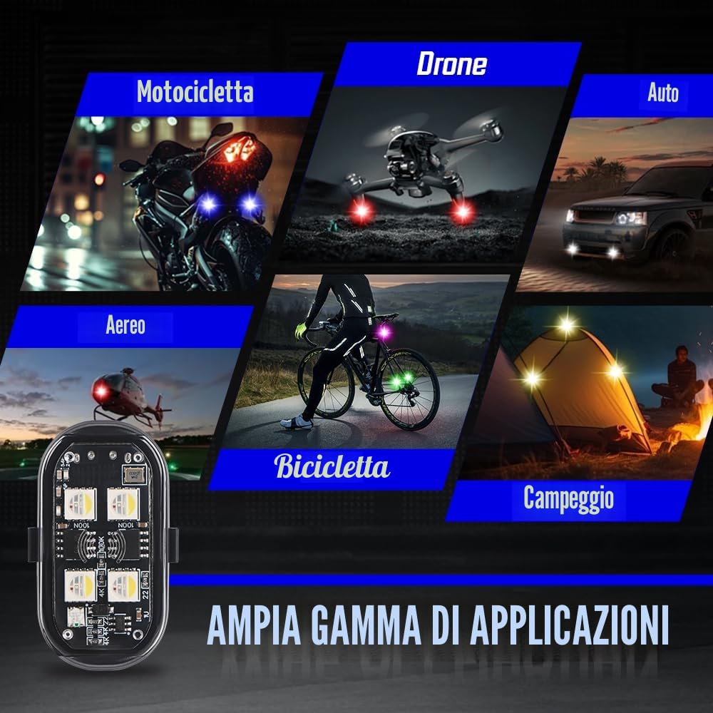 Luci Stroboscopiche Drone LED, KaiDengZhe 4 PZ 4 LED 8 Colori Impermeabili Luci Anticollisione Senza Fili con Telecomando Ricaricabili USB Strobe Drone Light per Auto Drone Moto Aeronavi Biciclette