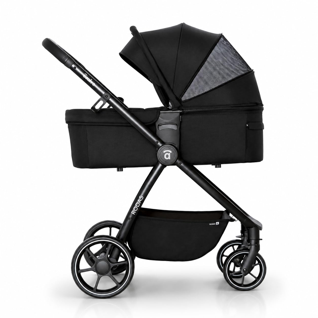 Asalvo DÚO RODAS Silla de Paseo, Carro Plegable Ultraligera y Compacta, Asa Trolley, Equipaje avión, Reclinable, Carro Bebe, Barra Seguridad, Arnés 5 Puntos, hasta 23kg, Negro