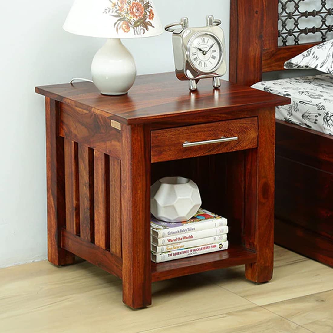 Boppon GF HOUSE Solid Wood Bedside Table for Bedroom | End Table | Wooden Bed Side Table | Solid Wood Side Table | Side Table with Drawer | Finish Color - Honey Finish