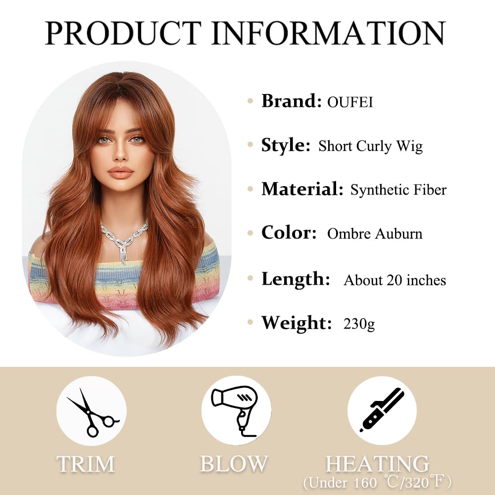 OUFEI Long Ombre Auburn Wig With Curtain Bangs Natural Wavy Wigs for Women Natural Synthetic Hair Heat Resistant Wigs for Daily Party Cosplay Wear - Image 2