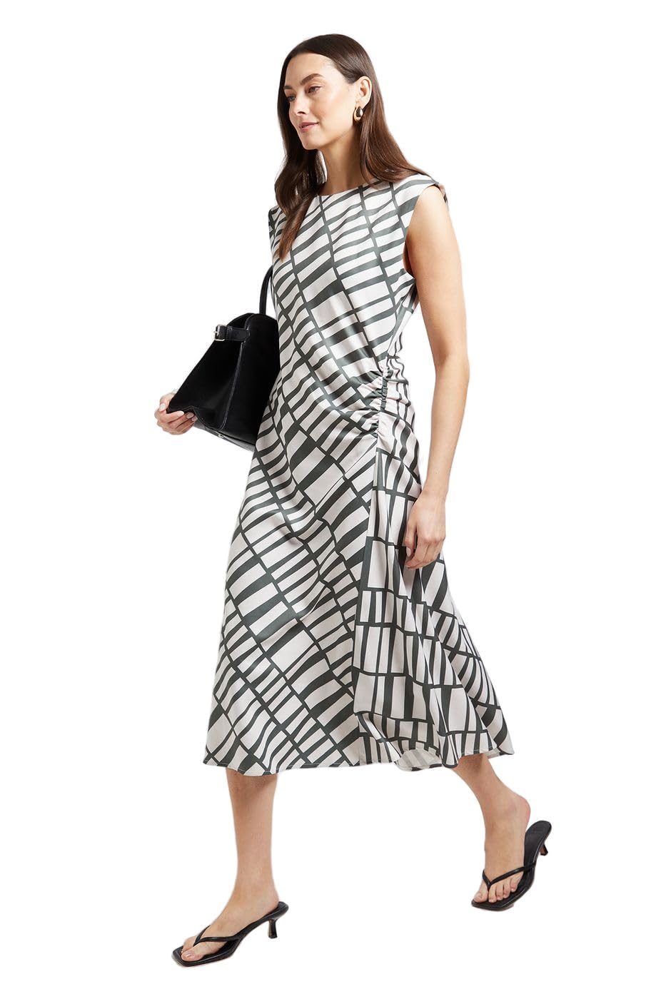 Principles Women's Khaki Geo Ruched Sleeveless Midi Dress, 12,