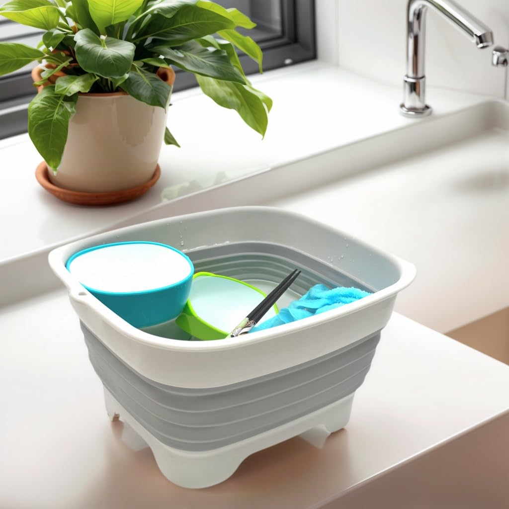 SAMMART Bassine à Vaisselle Pliable de 9,1 Litre avec Bouchon de vidange – Lavabo Pliable – Bac à Vaisselle Portable – Plateau de Rangement de Cuisine Peu encombrant (1, Gris)
