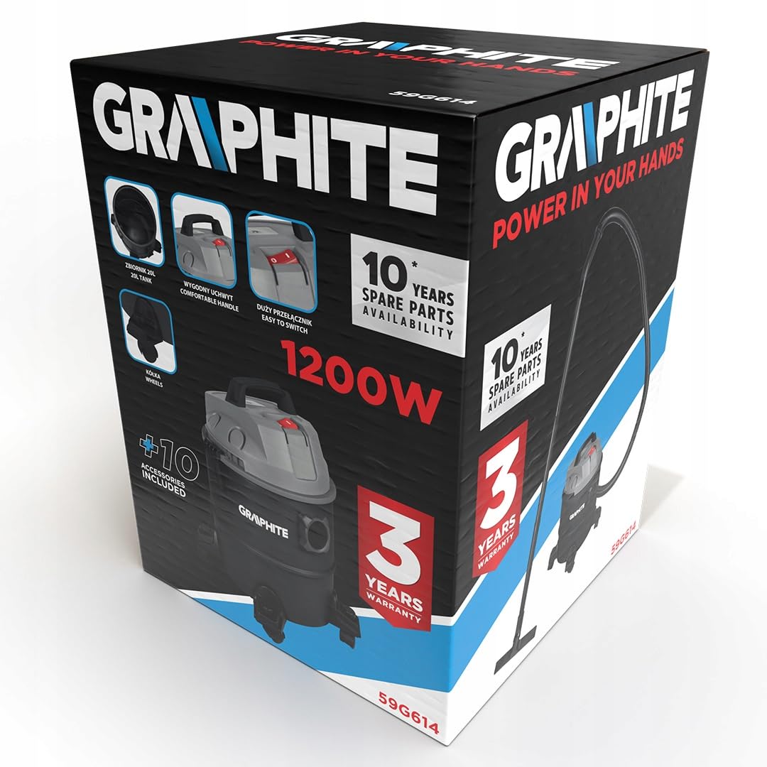 GRAPHITE Aspirador en seco y húmedo (1200 W, 20 litros de volumen del recipiente, en caja) – con filtro de espuma, HEPA – Manguera de aspiración: 2 m – Aspirador industrial con función de soplado