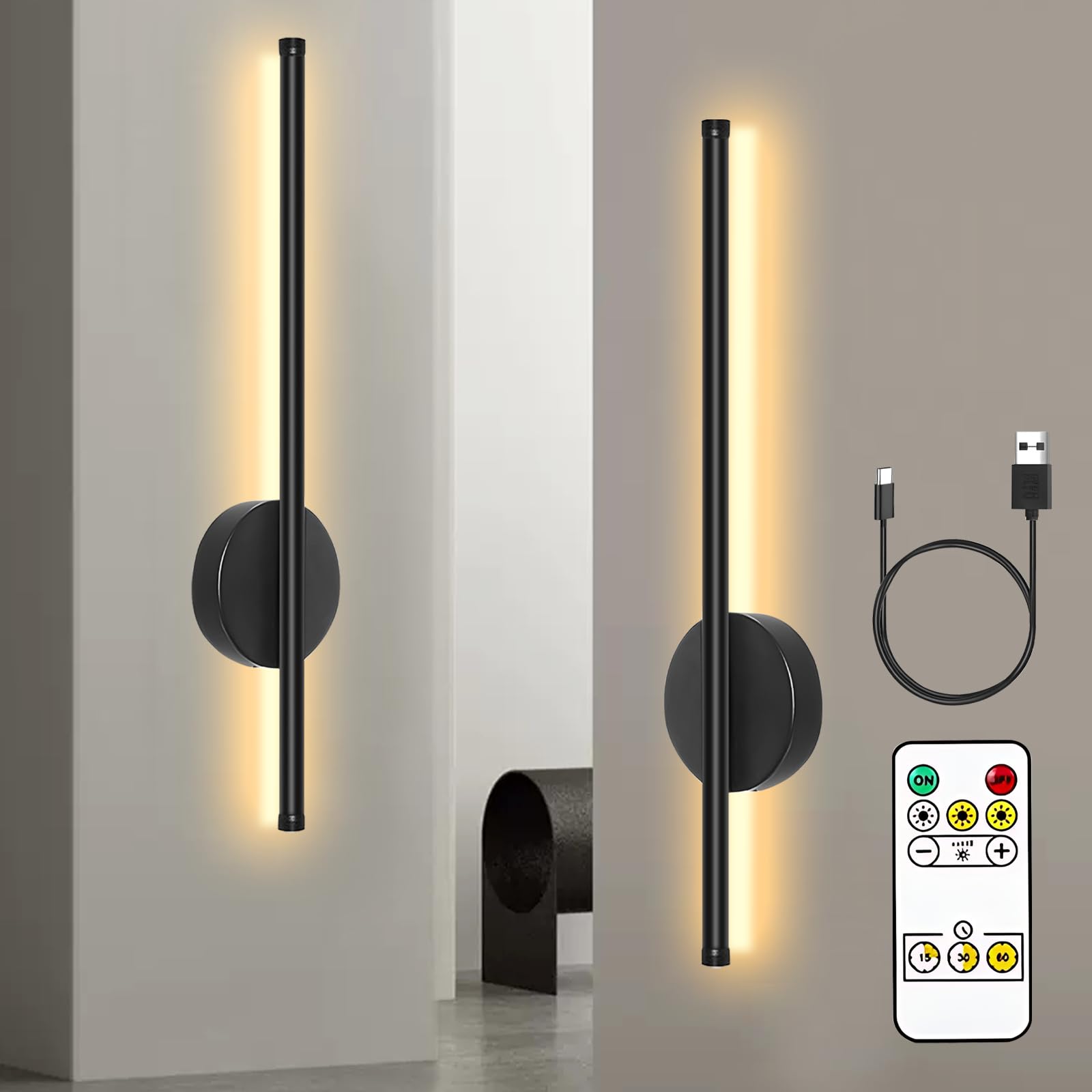 Apliques de pared recargables con mando pack de 2 luces a pilas regulables para dormitorio 8