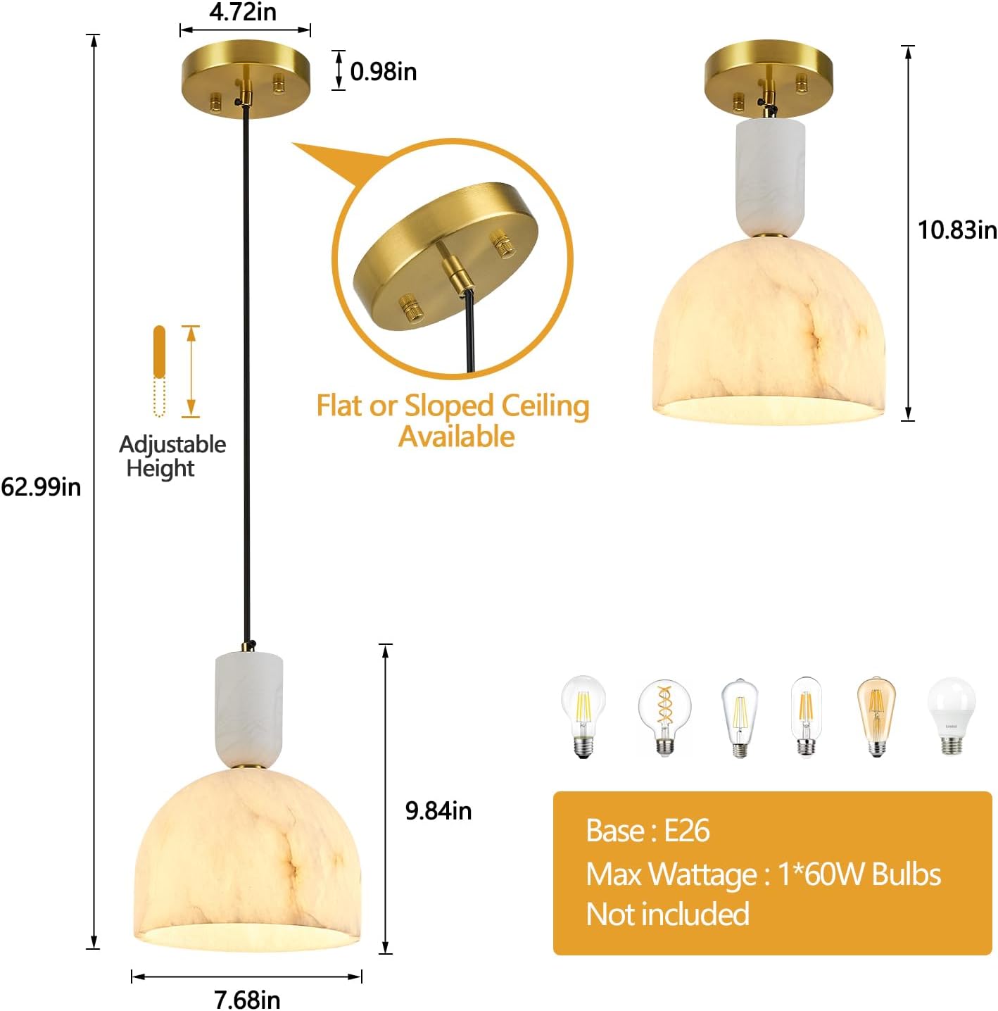 Modern Gold Pendant Light Natural Alabaster Big Dome Pendant Light Fixture Adjustable Height Hanging Lamp for Kitchen Island Dining Room Bedroom Bathroom(1 Pack)