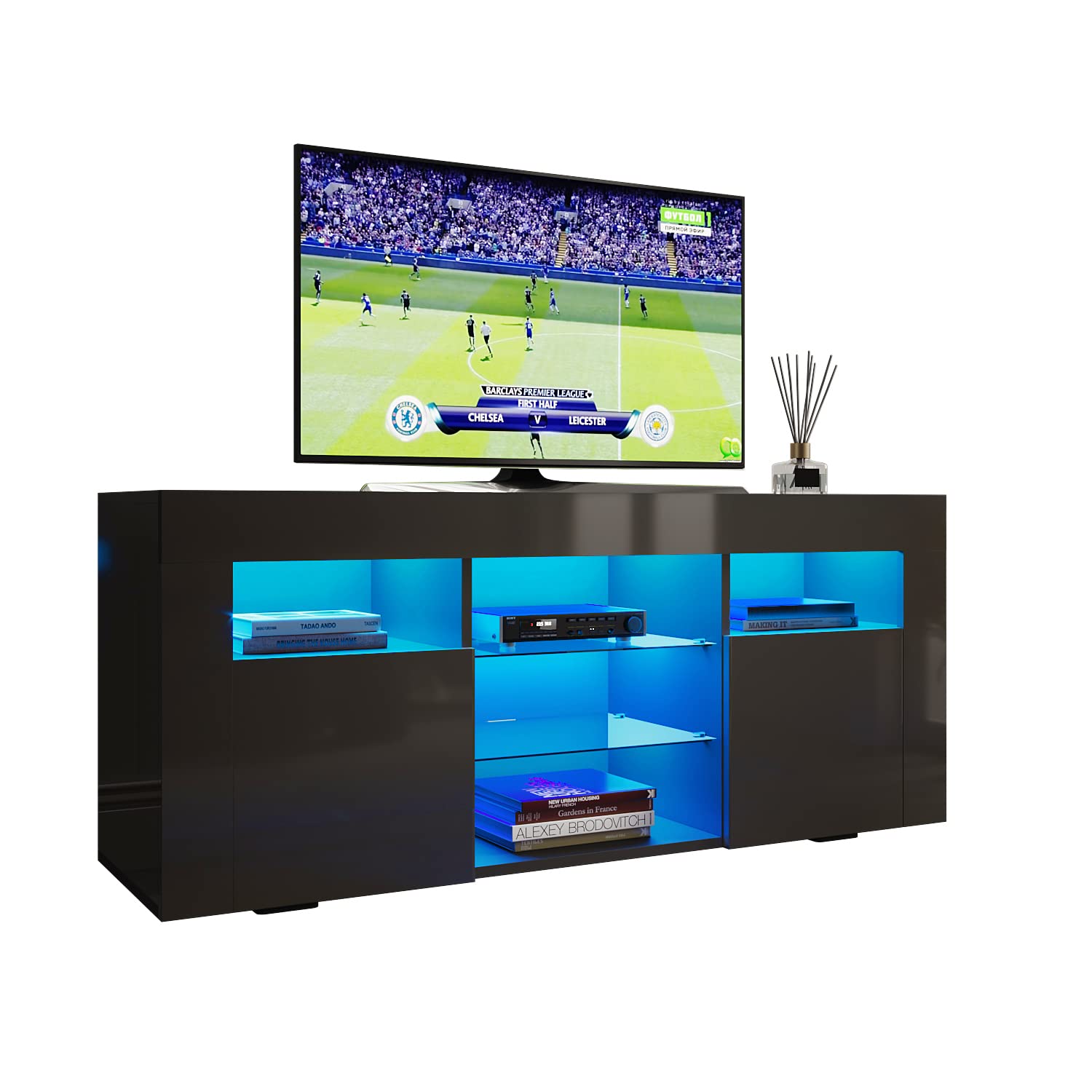 ELEGANT 1200mm Modern Multi-cell TV Cabinet with RGB LED Lights Black Gloss TV Unit for up to 50" TV with Ambient Light for Living Room Furniture, Power Adapter included — image 1