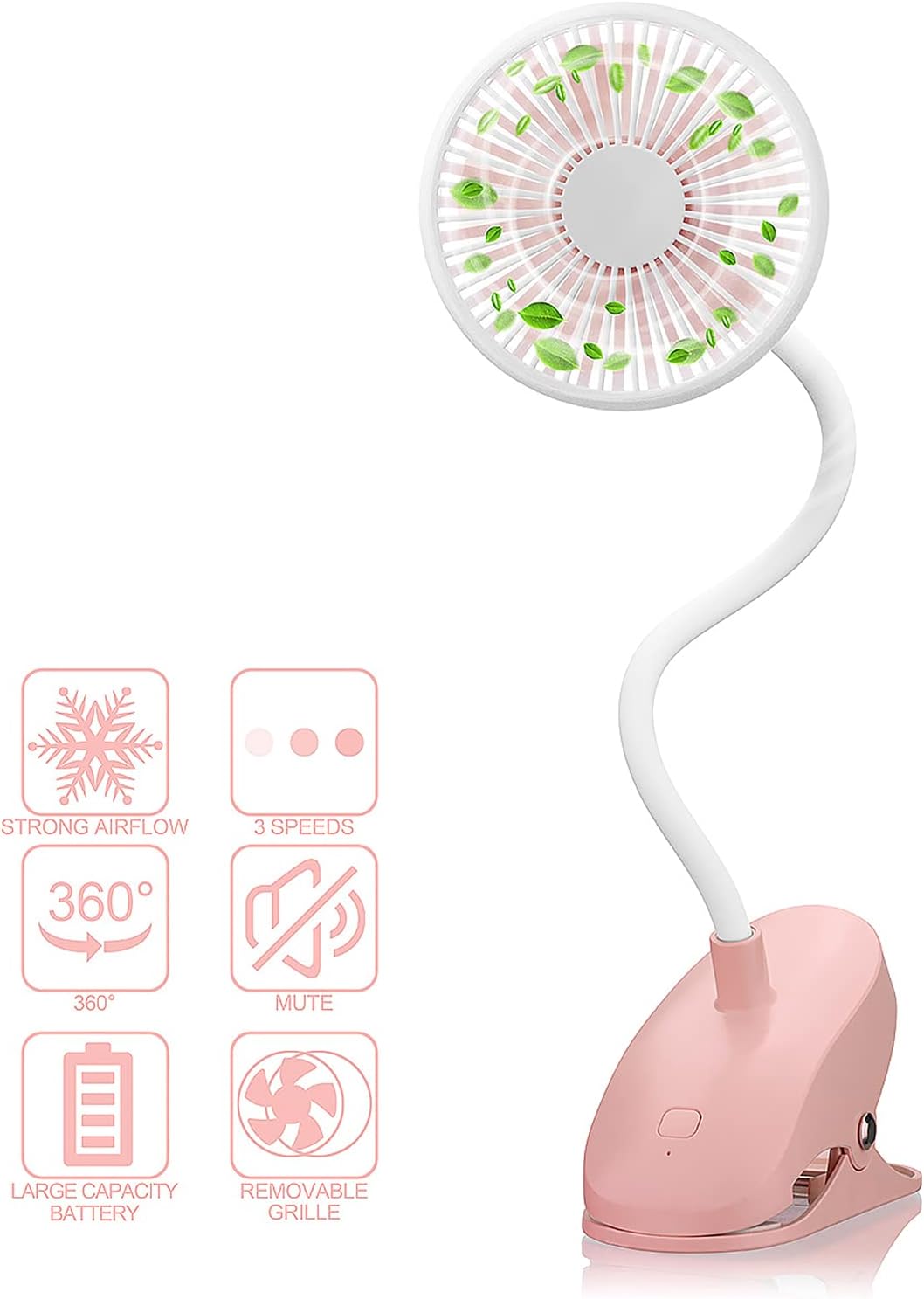 Clip On Fan, 3 Speeds USB Fan Clip-on Silent with 2000mAh Rechargeable Battery, Clip On Desk Fans Portable for Pram Stroller Buggy Pushchair Travel, Baby Beds, Car Seat, Bedroom (Pink)