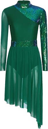 Womens Sparkly Sequin Lyrical Dance Costume Long Sleeve Tulle Skirt Leotard Contemporary Dancewear
