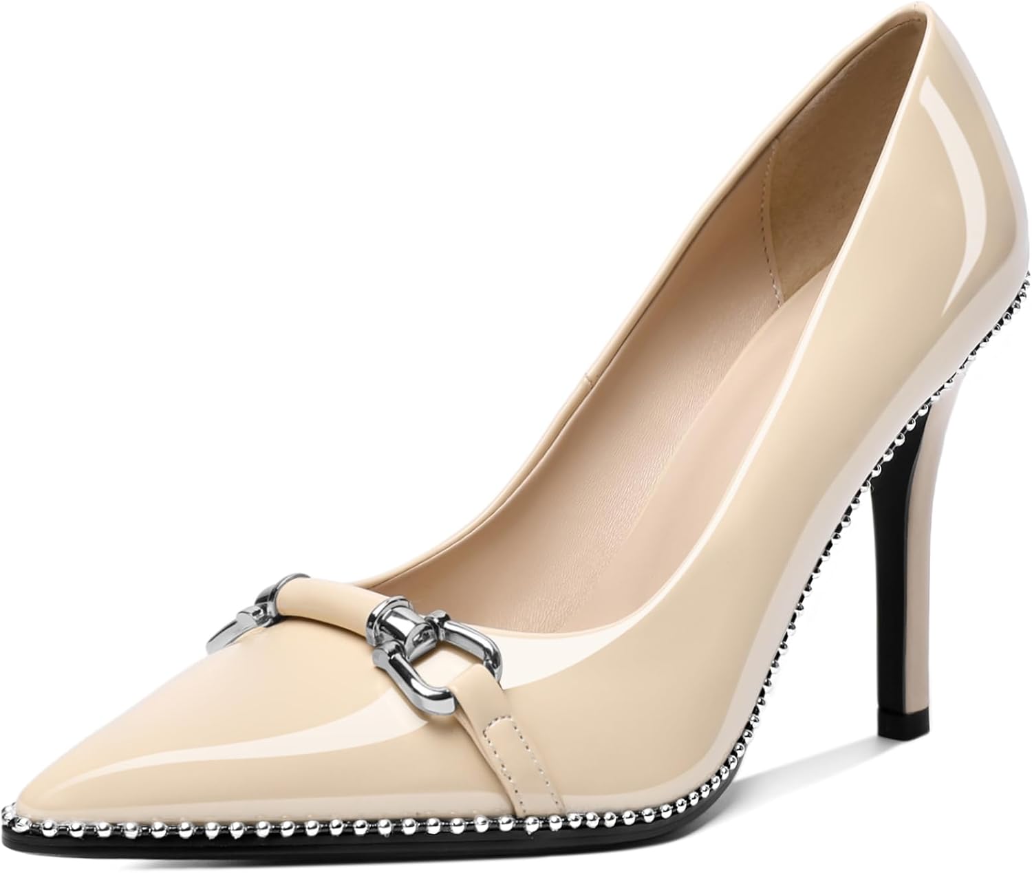 AUMOTED Women Beaded Pumps Pointed Toe Buckle Bow High Heel Stilettos Slip On 3.5 Inch Dress Shoes Office Party Patent Leather US Size 5-13