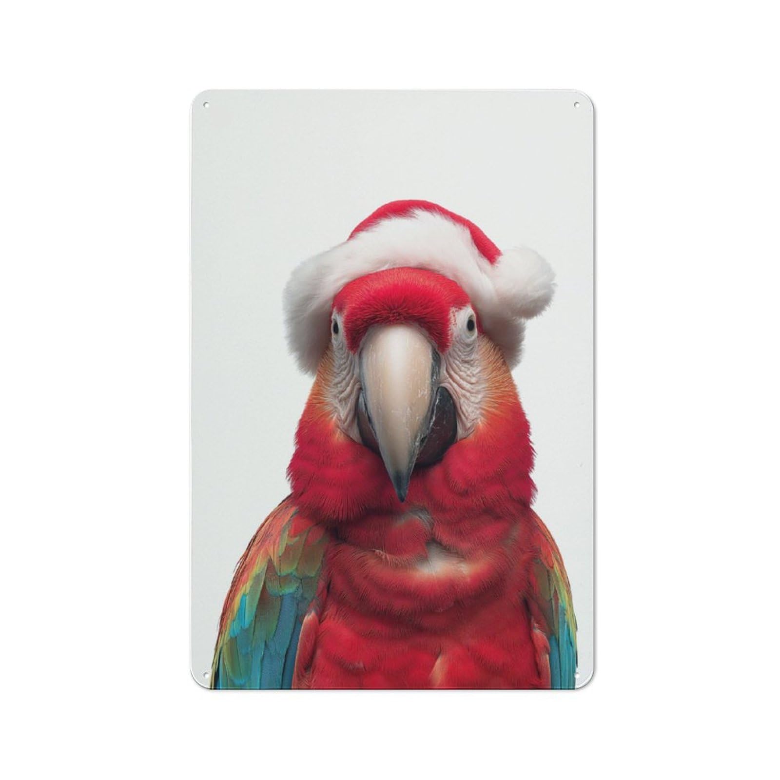Junmoney Festive Scarlet Macaw Parrot With Santa Hat Tin Wall Plaque 30X20cm With For Living Room Or Hallway, A Decorative Christmas Gift For Hallway Decor Fans