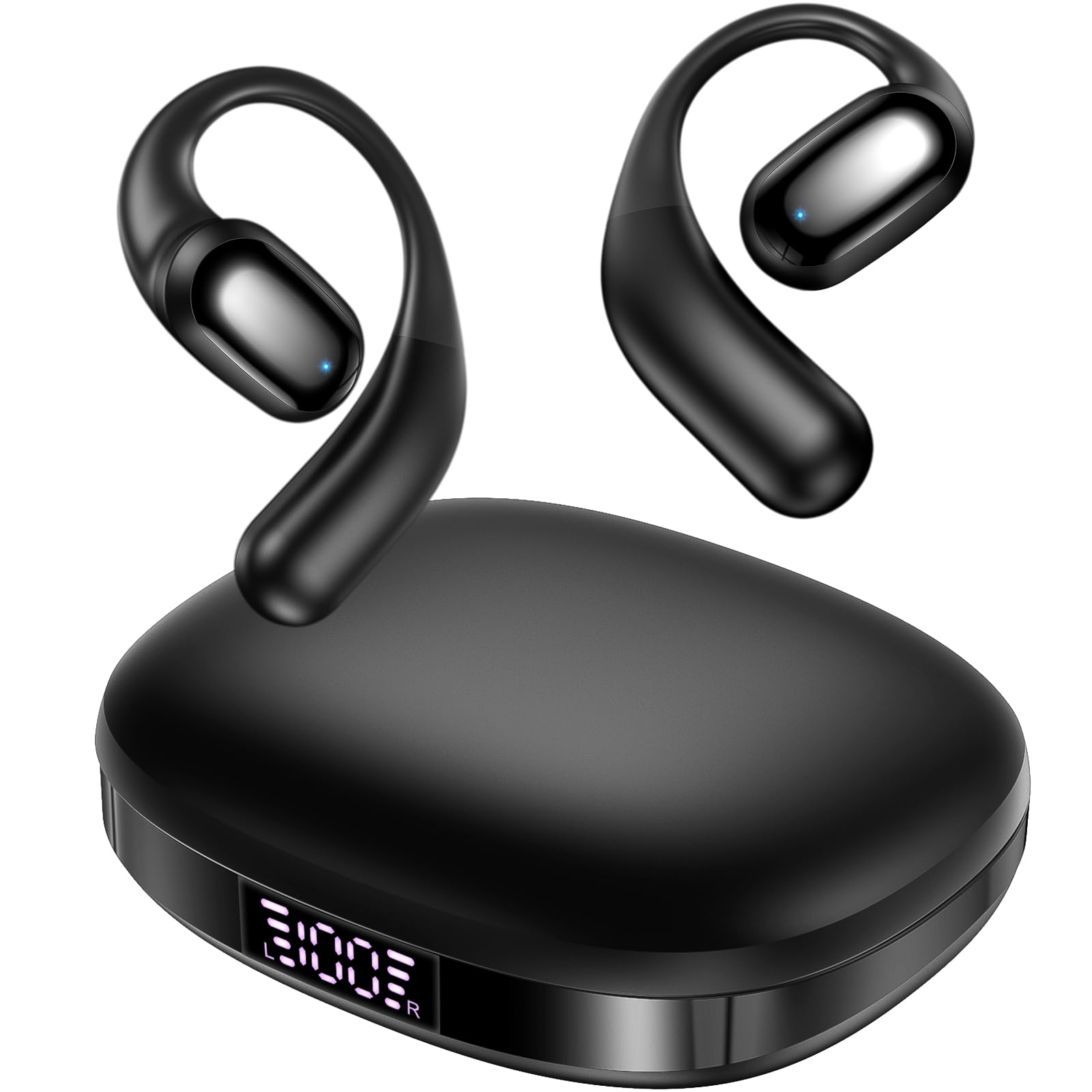 kurdene Open Ear Headphones,Bluetooth 5.3 Wireless Sports Earbuds with Digital Display Charging Case 60Hrs Playtime Earphones with Earhooks for Running,Meeting,Workout-Black