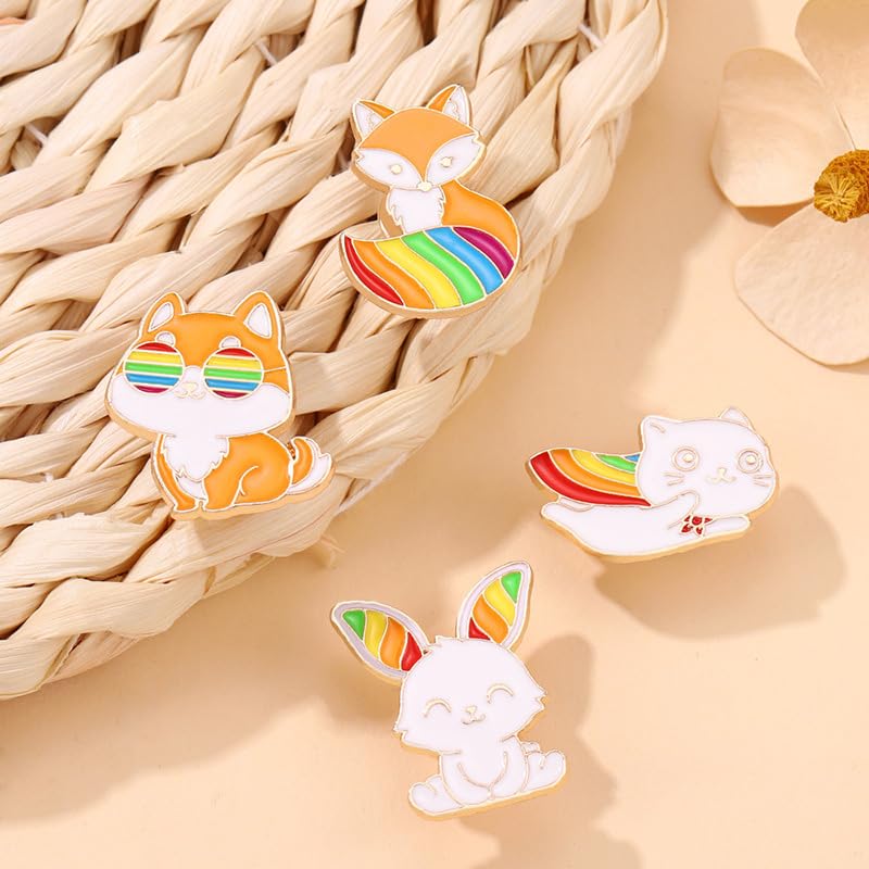 5Pcs Cute Little Animal Theme Brooch Pin Rainbow Color Pattern Rabbit Fox Frog Alloy Brooch Enamel Pin Badge LGBT Pride Month Clothes Ornament4