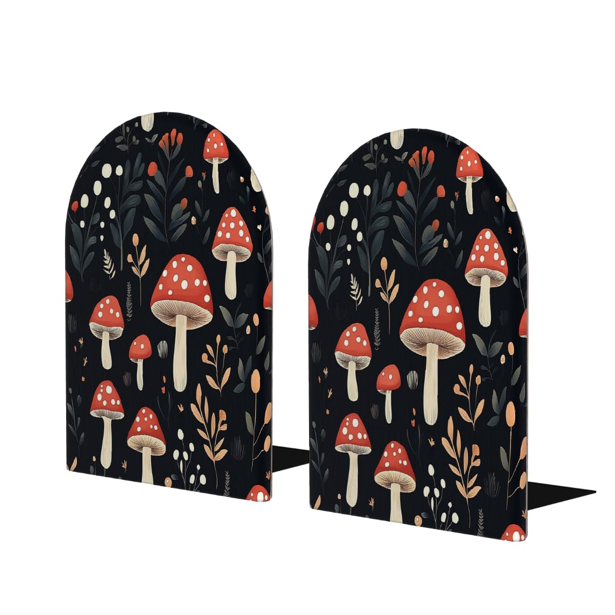 Wood Book Ends for Shelves, Dark Vintage Mushroom Botanical Plant Decorative Bookends, Non-Slip Wooden Bookend Support for Home Office 1 Pair