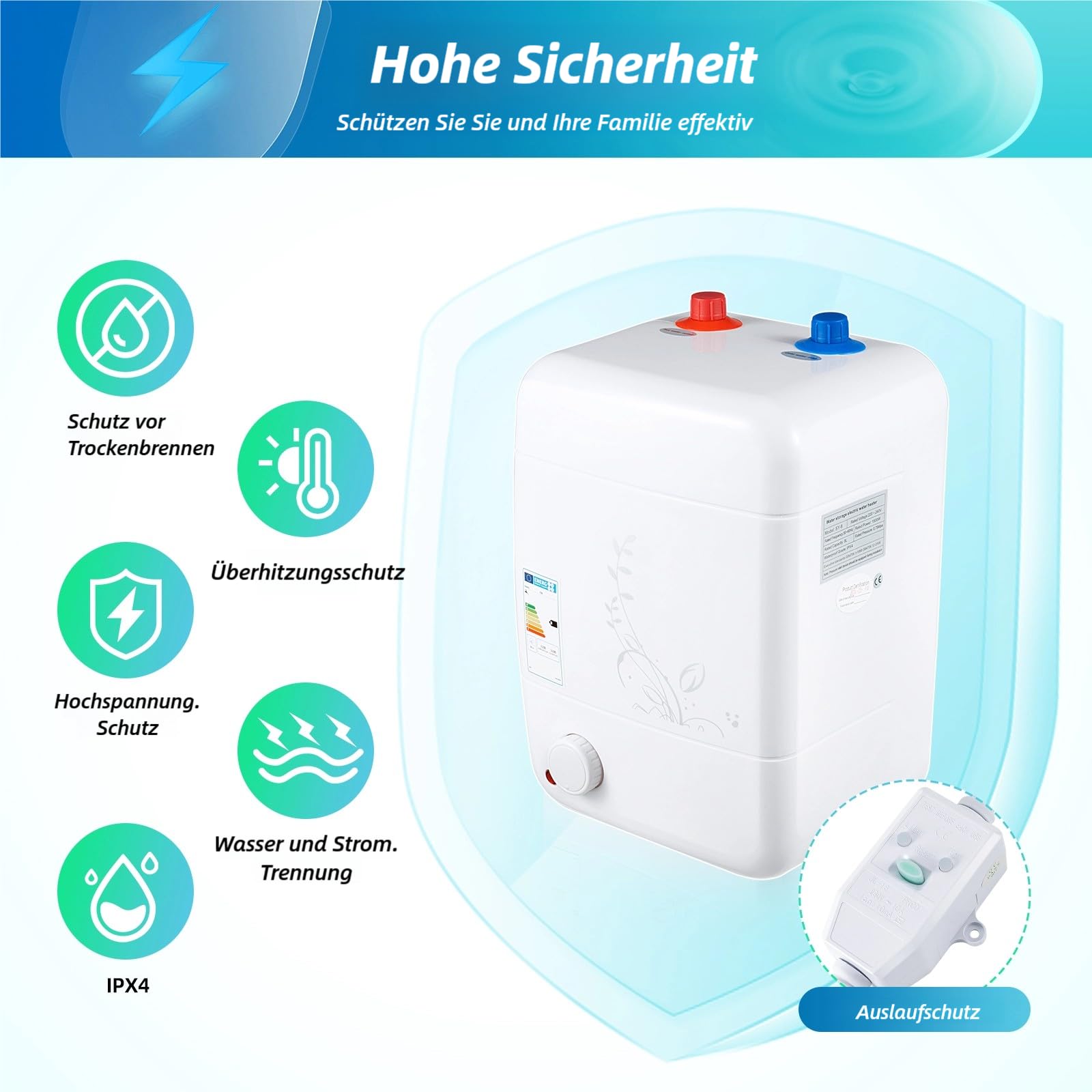 Pequeño acumulador bajo mesa 8L resistente a la presión – Depósito de agua caliente 1500 W bajo mesa 30 – 75 ℃ temperatura ajustable 23 x 21 x 36 cm