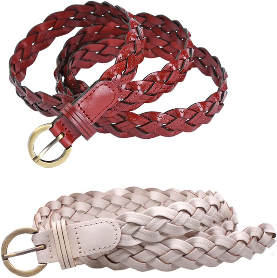 2 Pieces Braided Leather Belt for Women, 20mm Wide Vintage Dresses Waist Belt with Pin Buckle