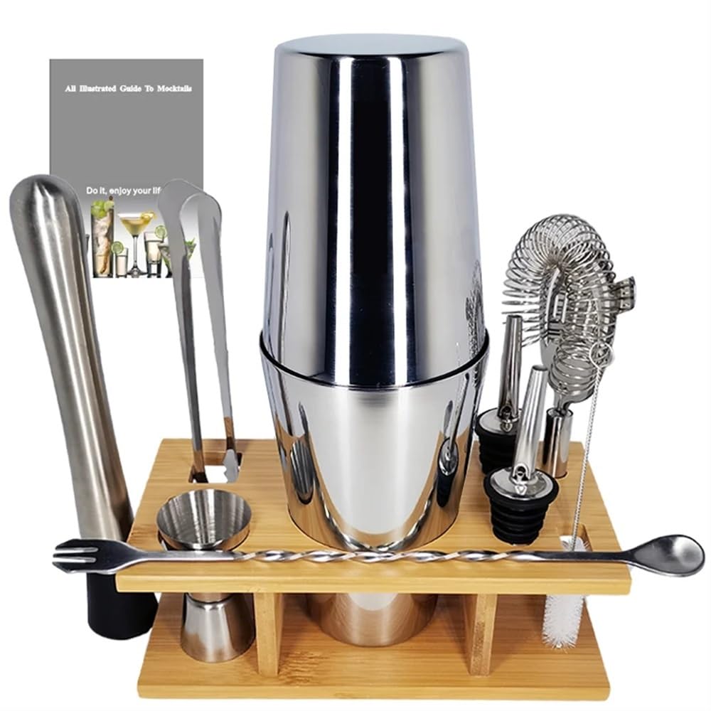 1-9 piezas de herramientas de barra de coctelera de acero inoxidable con soporte de madera, colador de mortero, tapón de clip de hielo, libro de recetas, kit de barman de herramientas de bar
