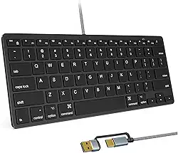 Teclado ultrafino com fio para Apple Mac, cabo de conversão USB e tipo C, 78 teclas de tesoura, teclas de atalho de mídia, compatível com MacBook, iMac Mini e Pro, laptops, computadores desktop