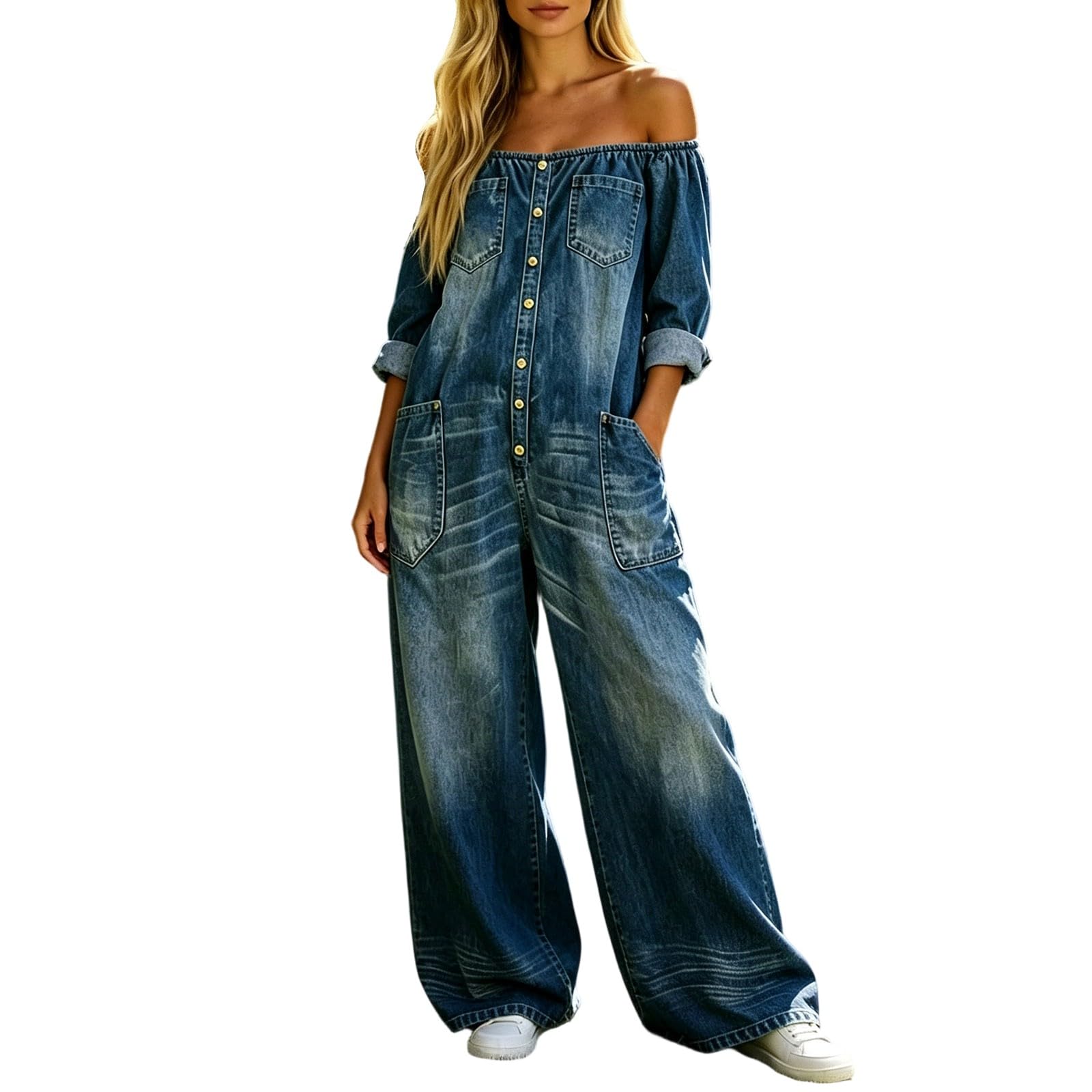 Generisch Baggy Jumpsuits Damen Jeans Vintage Jeansoverall Off-Shoulder Overall Stretch Langarm Knopfleiste Jeanshose Elegant Locker Sommer Arbeitslatzhose Overalls Latzhose Einteiler