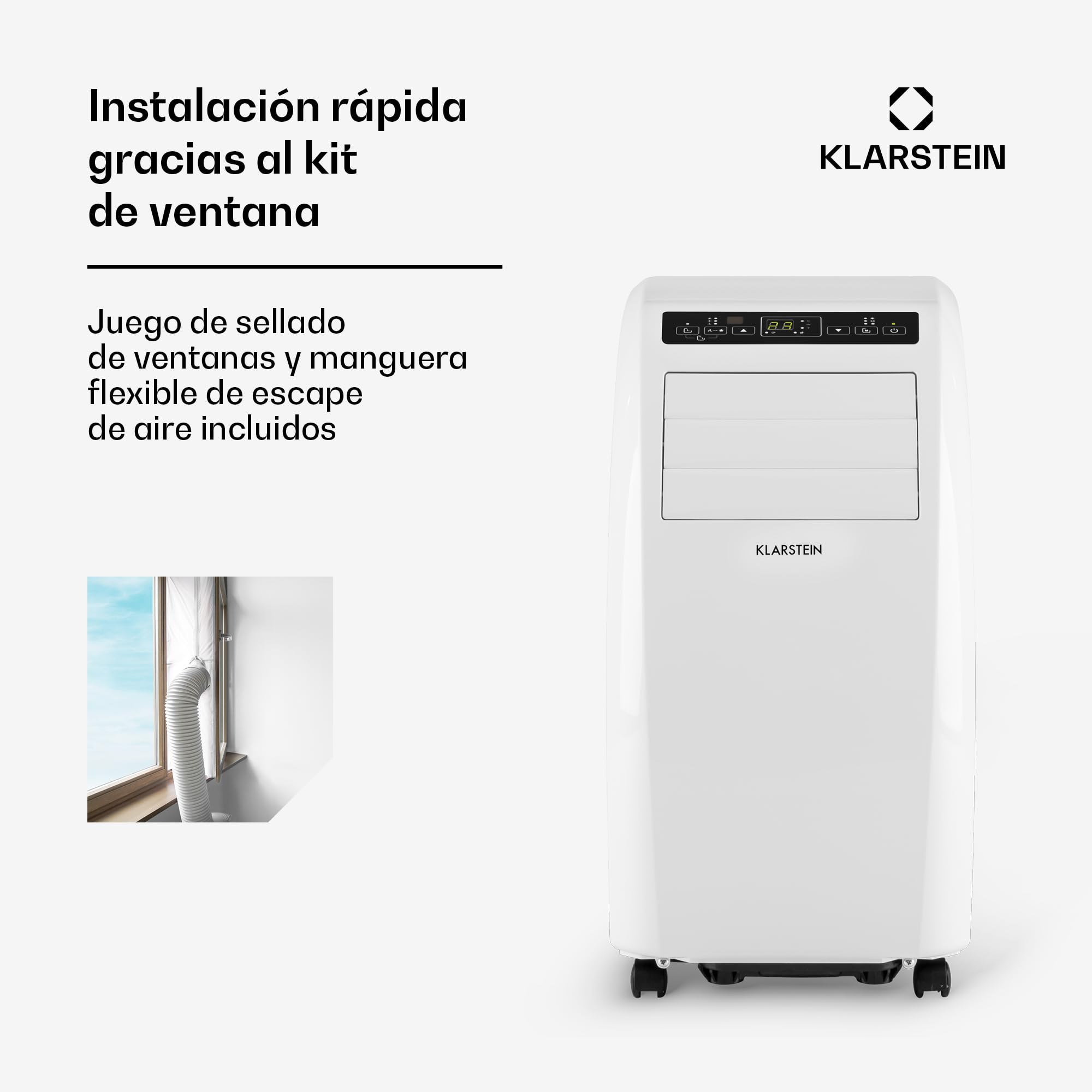Klarstein Aire Acondicionado Portatil y Silencioso, 4 en 1 Climatizador de Aire para Casas y Oficinas, con Modo Noche, Deshumidificador y Ventilador, Aires Acondicionados Bajo Consumo 10,000 BTU
