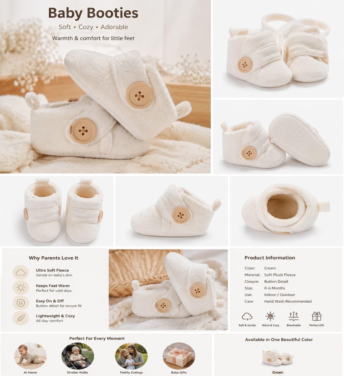 Baby Booties in Cream, cloud Soft Plush Fleece with Button Detail, Infant Crib Shoes newborn