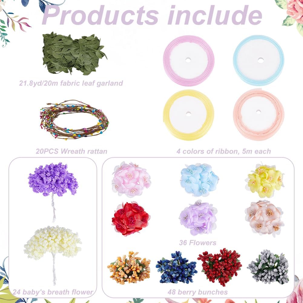 INFUNLY 20 Set Flower Crowns Making Kit Make Your Own Floral Berry Crown Wreath Blossom Garland Headbands Craft Kit DIY Fairy Gypsophila Hair Accessories Handmade for Birthday Party Wedding Decor