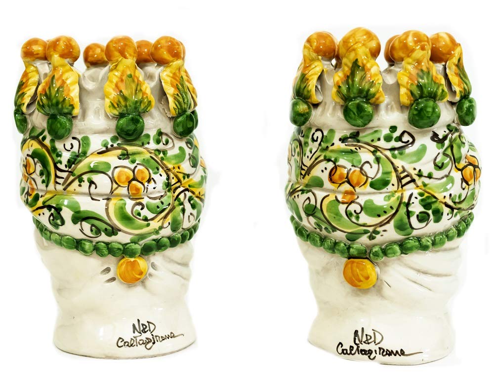 Coppia Teste Di Moro Siciliane In Ceramica - Verde, H 25cm, Decorazione Handmade - Foto 7
