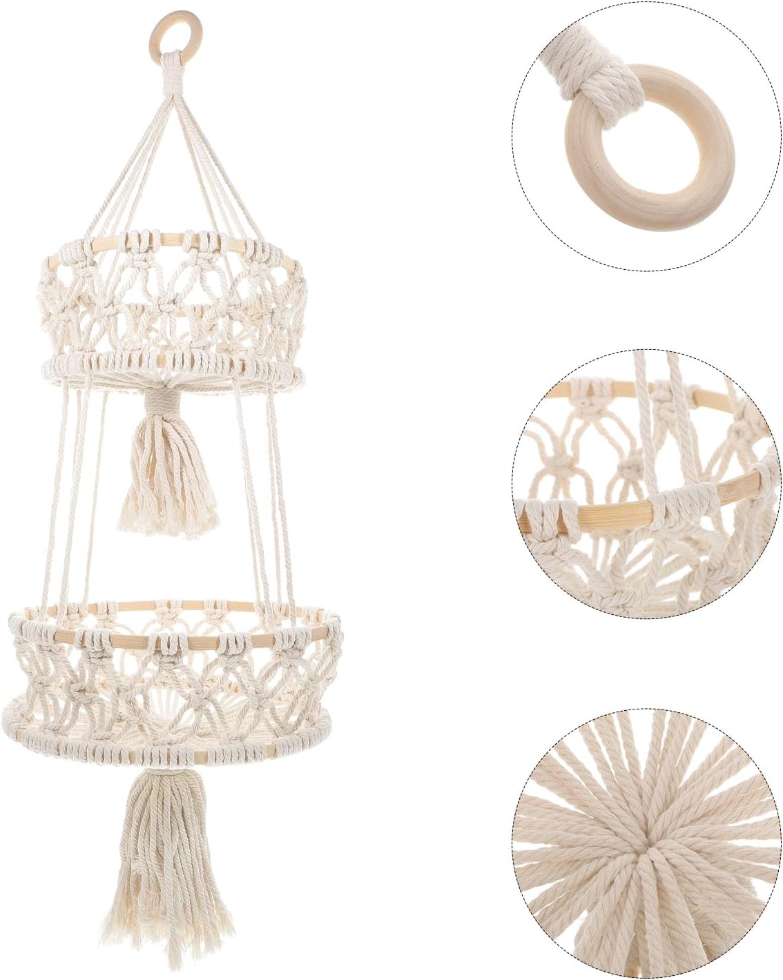 Hanging Macrame Fruit Basket with Frame, Double-layer 4mm Cotton Rope Storage Organizer for Kitchen and Dining Room, Decorative Boho Produce and Vegetable Holder