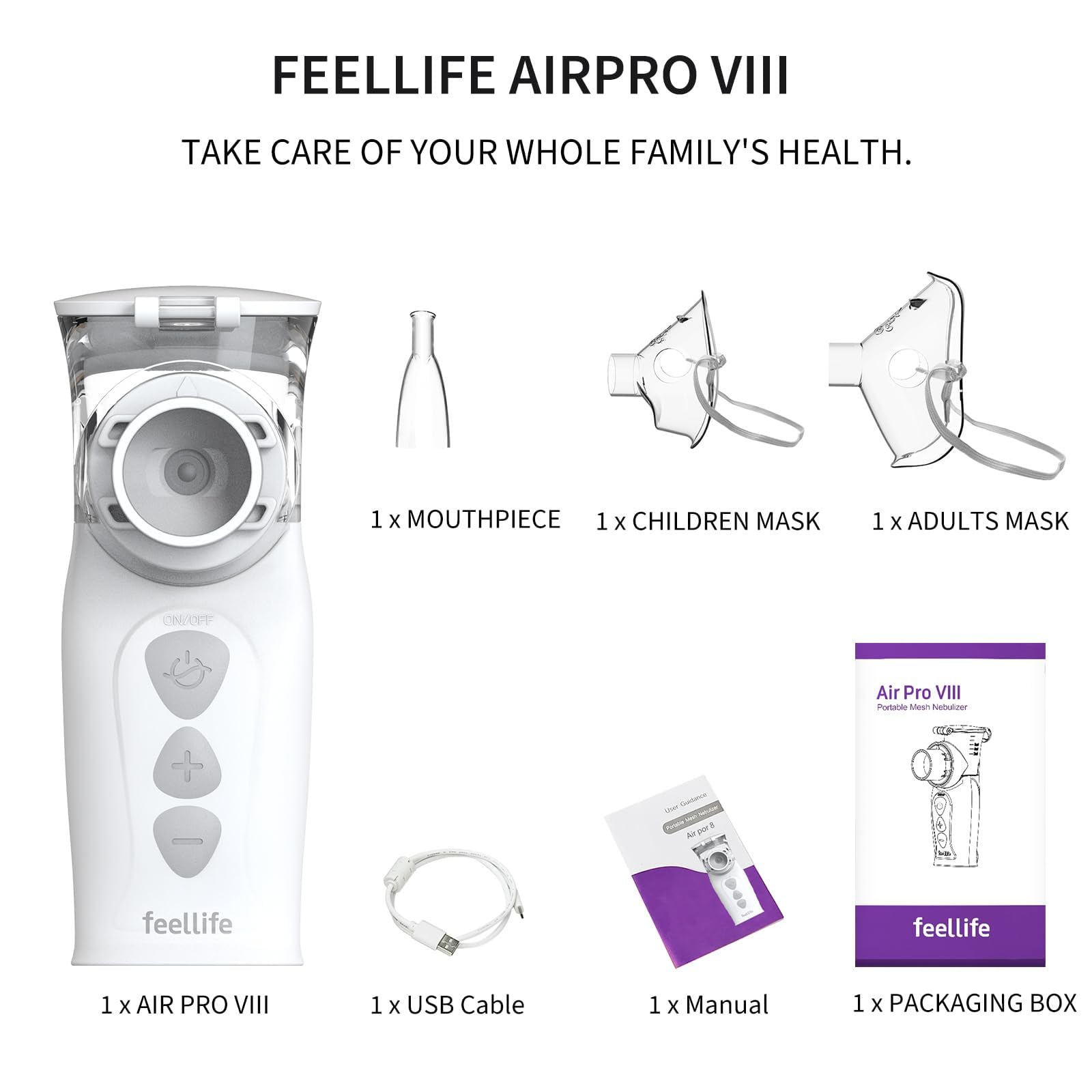 FEELLIFE Nebulizador Portatil Tasa de Atomización Ajustable, Nebulizador Adultos y Bebe para Tratamiento de Tos Asma, Enfermedades Respiratorias, Nebulizador malla vibración Silencioso