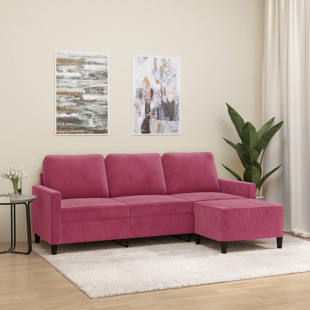 Générique Bordowa aksamitna sofa 3-osobowa 180 cm z podnóżkiem, struktura sklejki i metalu, wyściełane poduszki do wygodnego siedzenia, nowoczesny kompaktowy design