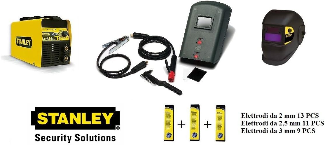 Stanley 7000 Inverter Welding Machine 200 Amps Power Supply 230v + LCD Auto Darkening Mask + Welding Mask + 33 Electrodes + Acc
