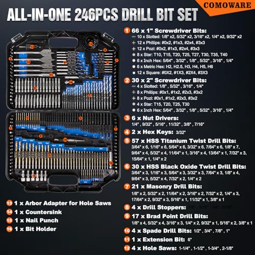 Image of COMOWARE Drill Bit Set, 246 Pcs for Cordless Drill, Drill Driver Bit Set for Wood, Metal, Masonry, Cement and Screwdriver Bits Set Combo Kit