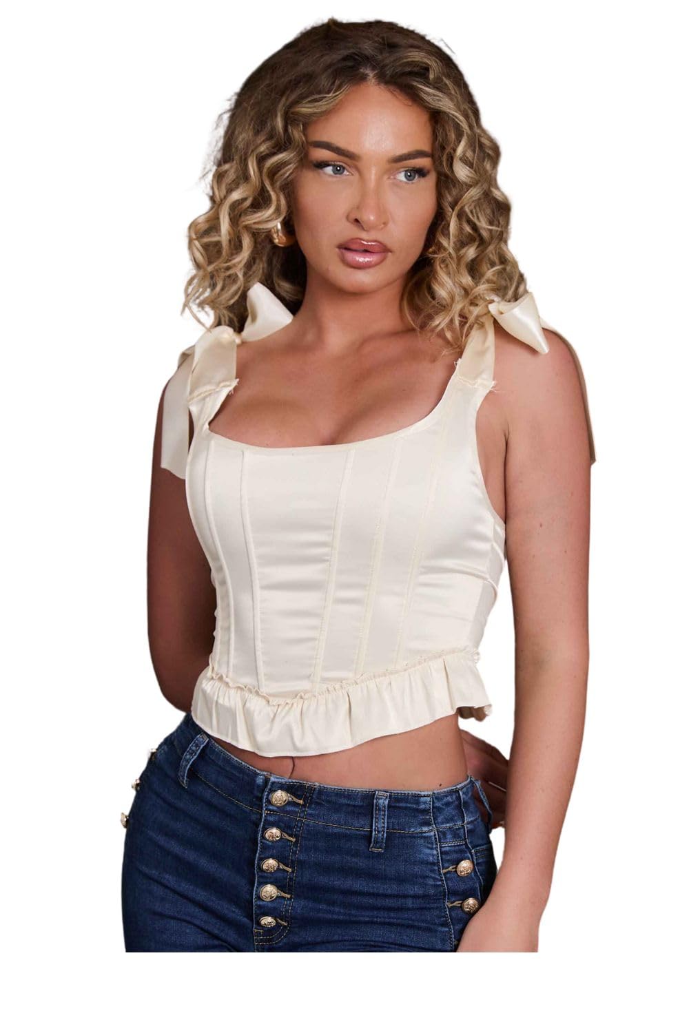 Femme Luxe Front Seam Ribbon Detail Corset Top - Lolita - cream - 12