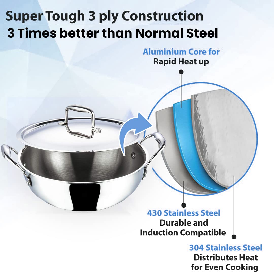 Kuber Industries Stainless Steel Kadhai with lid & Set of 3 Stainless Steel Kitchen Containers Set I Tri-ply Kadai Induction Base I Kadai 2.2 litres & 3 Assorted Storage Canisters 4