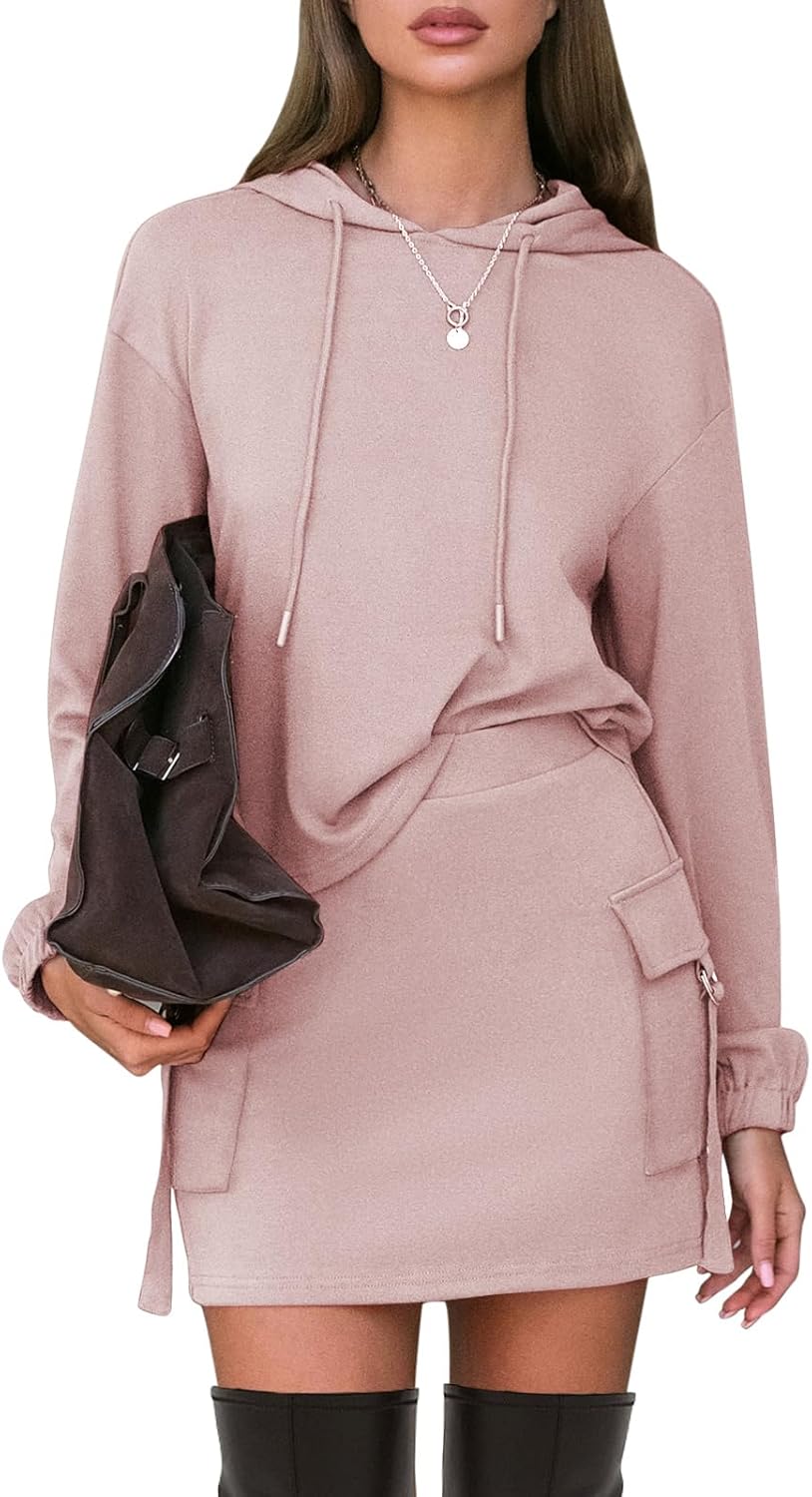 EXLURA Women Two Piece Set Cotton Sweatsuit Travel Airport Outfits 2026 Tracksuit Hooded Sweatshirt Cargo Skort Skirt Pockets