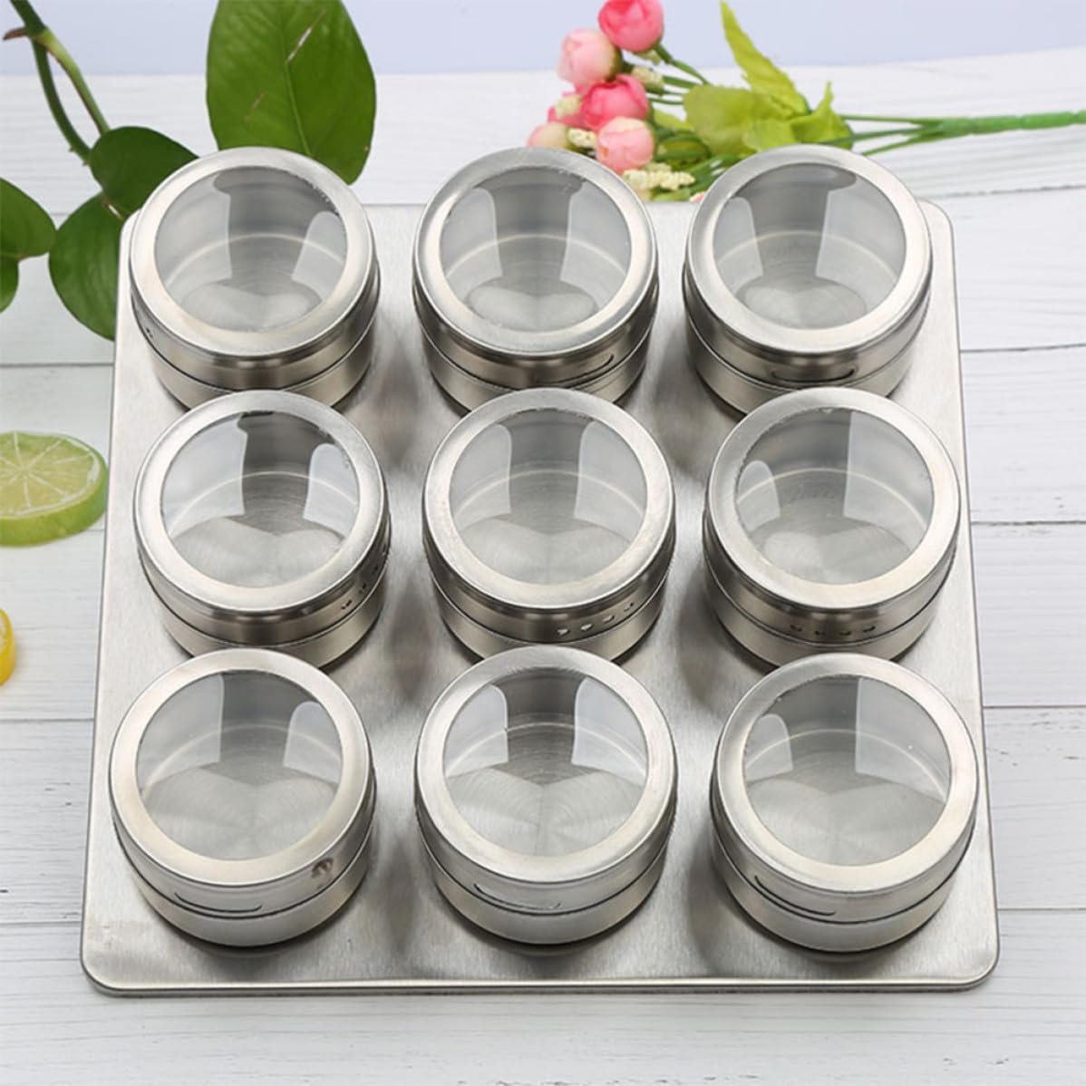 Operitacx 9 Tarros de Especias de Acero Inoxidable con Imán y Ventana Visible para Almacenar Condimentos y Pimienta en Polvo, Paquete de 9 Piezas para Uso en Cocina y Hogar