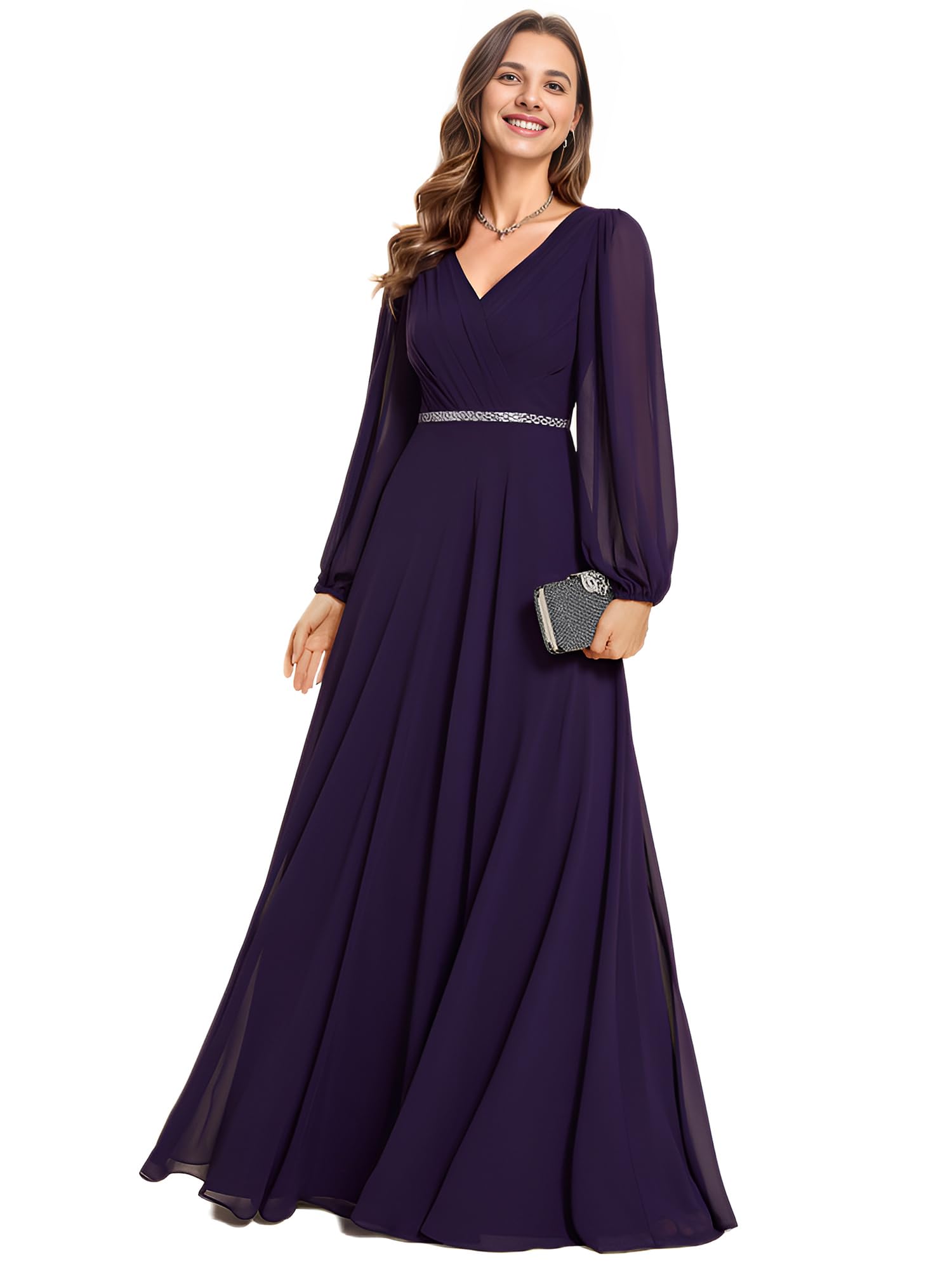 Ever-Pretty Women's Long Evening Dress Wedding Chiffon Long Sleeve V Neck A Line Chic EE01981-P