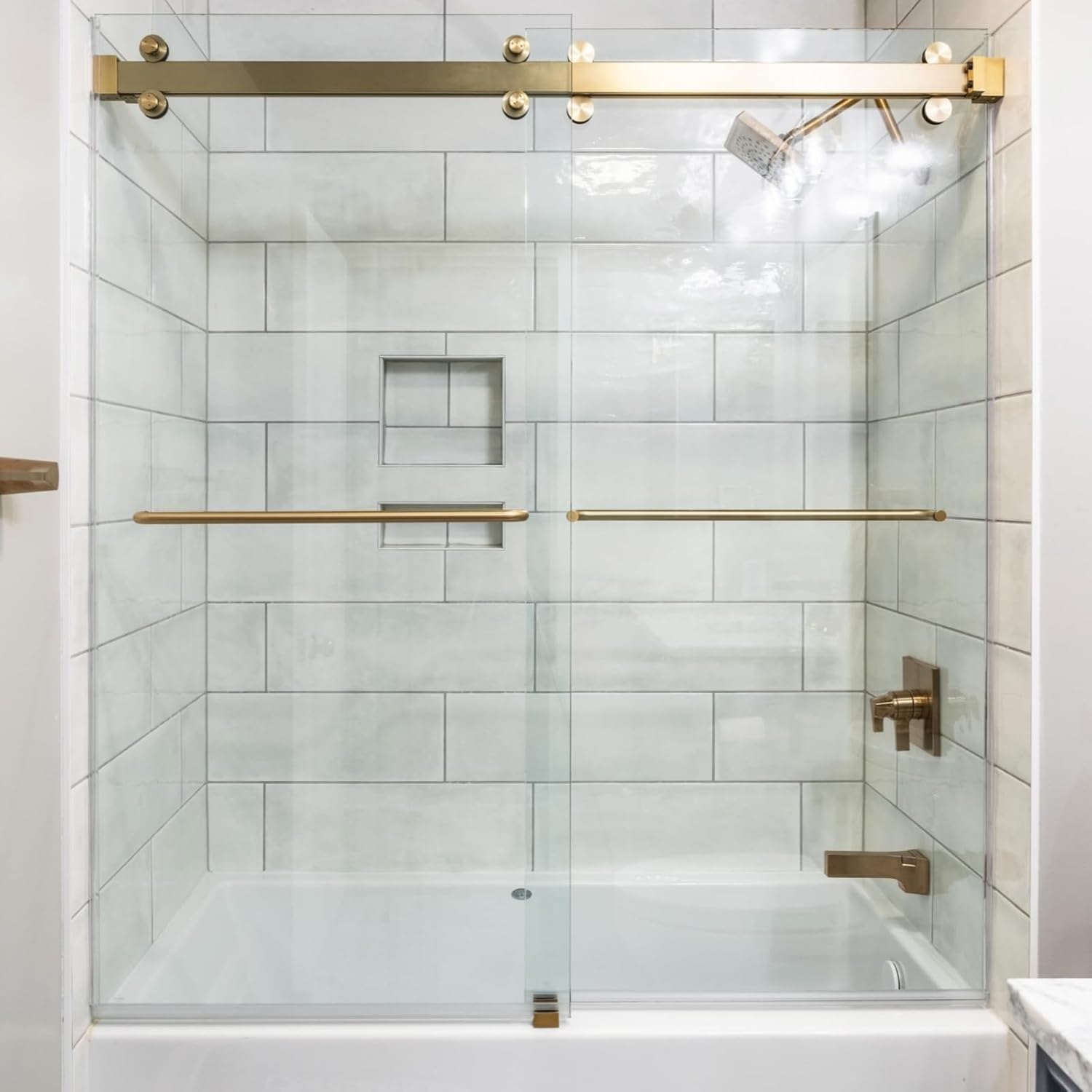 Glass Shower Door Handle 18 inches Round Single Side Towel Bar Long Pull 304 Stainless Steel for 1/4" to 1/2" Thickness Glass - Brushed Gold