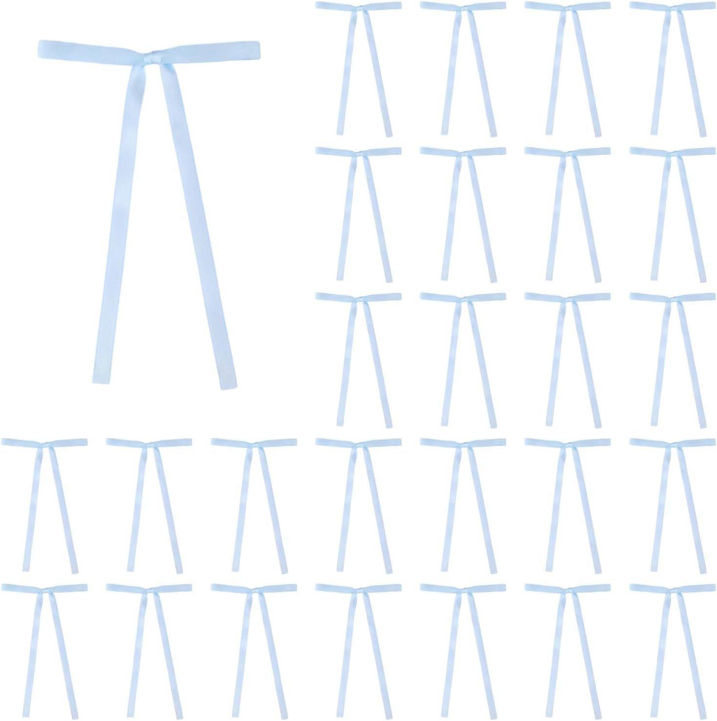 Meseey 30 Pcs Baby Blue Satin Bows with Twist Ties 5x7 Inch Pre-Tied Premade Ribbon Bows for Baby Shower, Boy Birthday, Easter, Spring, Wedding, Wreath & Gift Wrapping Decor