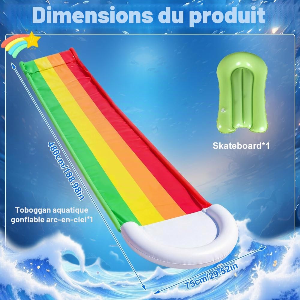 Toboggan Aquatique, 15.7ft/480cm Toboggan Aquatique avec 1 Bodyboard, Arc-en-Ciel Tapis de Glisse Eau et Système d'Arrosage Intégré pour Jardin Extérieur