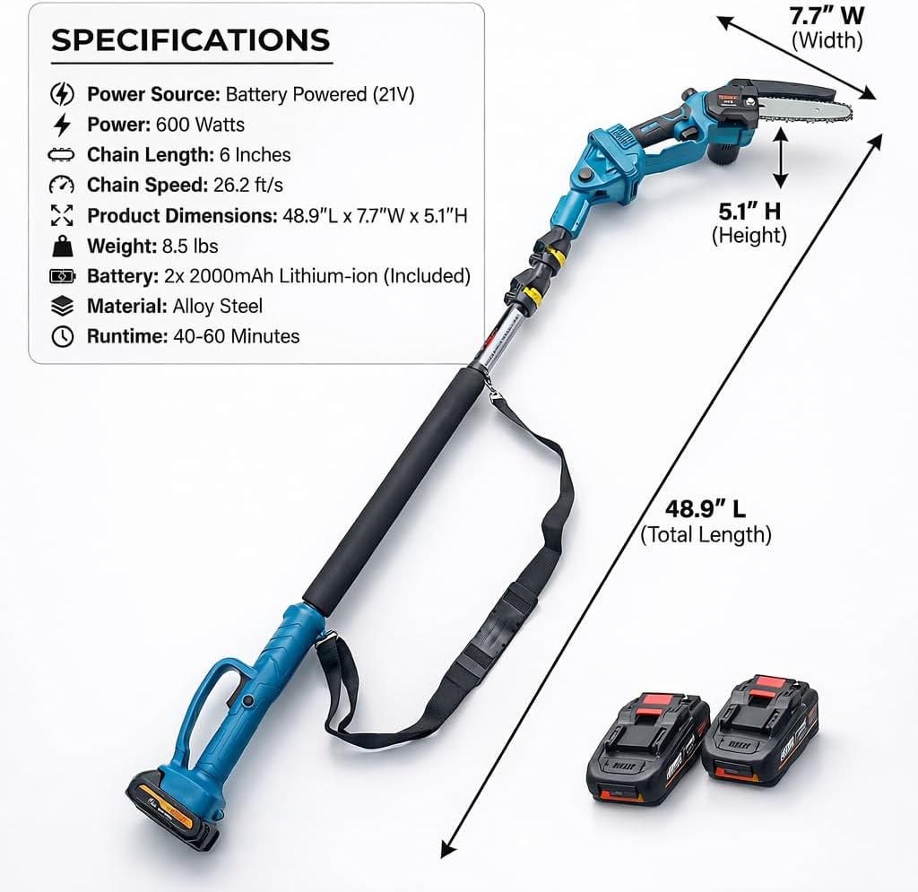 6 Inch Mini Chainsaw Cordless with Extension Pole, Portable Electric Pole Chainsaw with 2 Batteries and 2 Chains, Detachable Pole Handheld Chainsaw for Tree Trimming, Wood Cutting
