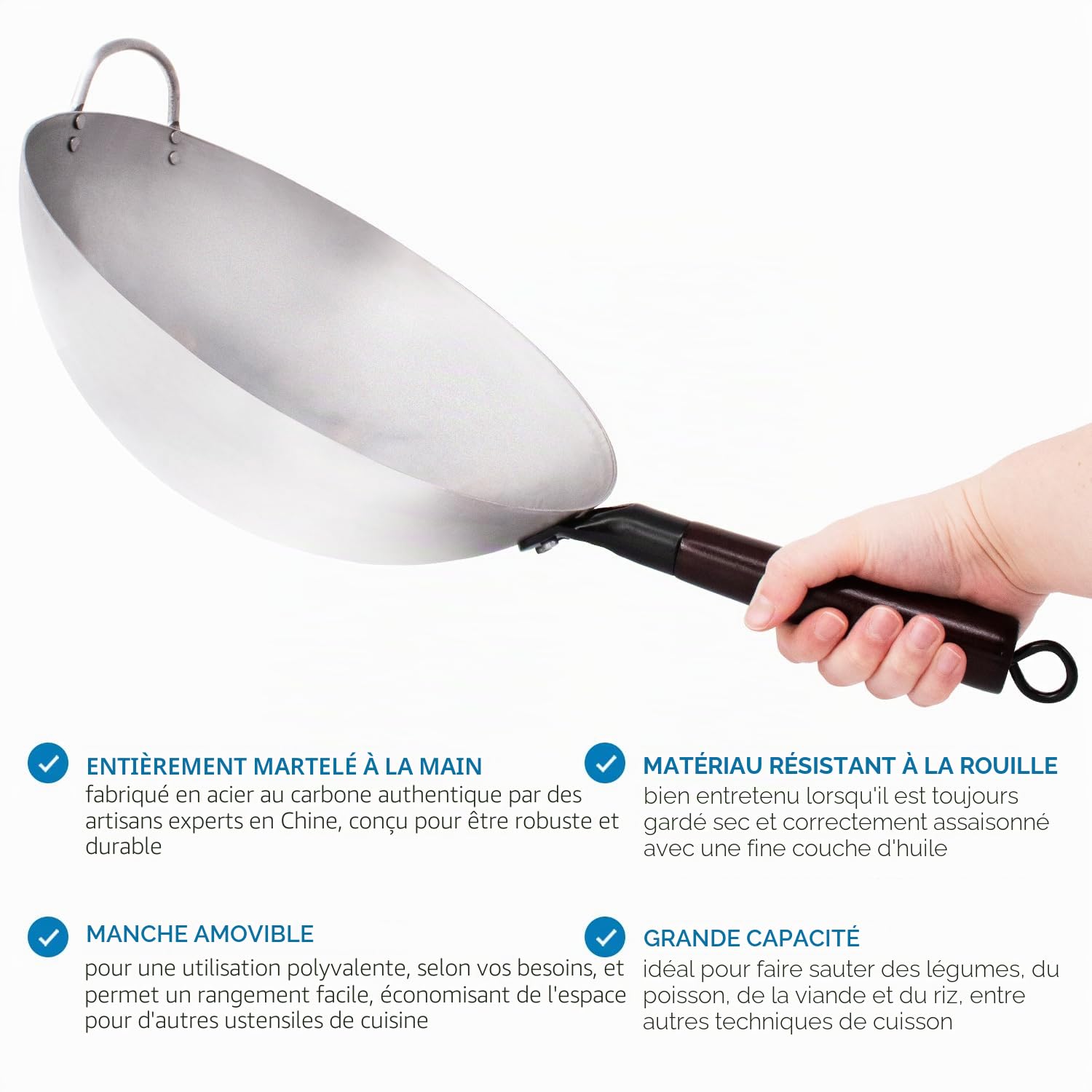 joejis wok en acier au carbone 35 cm – fond rond – poignée en bois amovible – style traditionnel martelé à la main – poêle à frire chinoise robuste