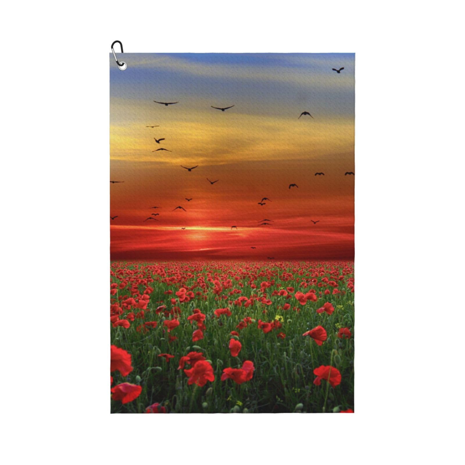 Hnnkloy Red Poppy Flower Field In Sunset Printed, 16x24 in Portable Waffle Golf Towels with Carabiner Clip for Golf Bag