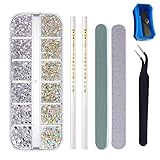 2050 Pcs Nail Art Rhinestones Kit 6 Sizes (1.5-5mm) Flat Back Gems Crystal AB Clear Rhinestones With Tweezer Wax Pencil Sharpener 100/180 Grinding Polishing Strip For Nail Art Clothes Shoes Bags Crafts