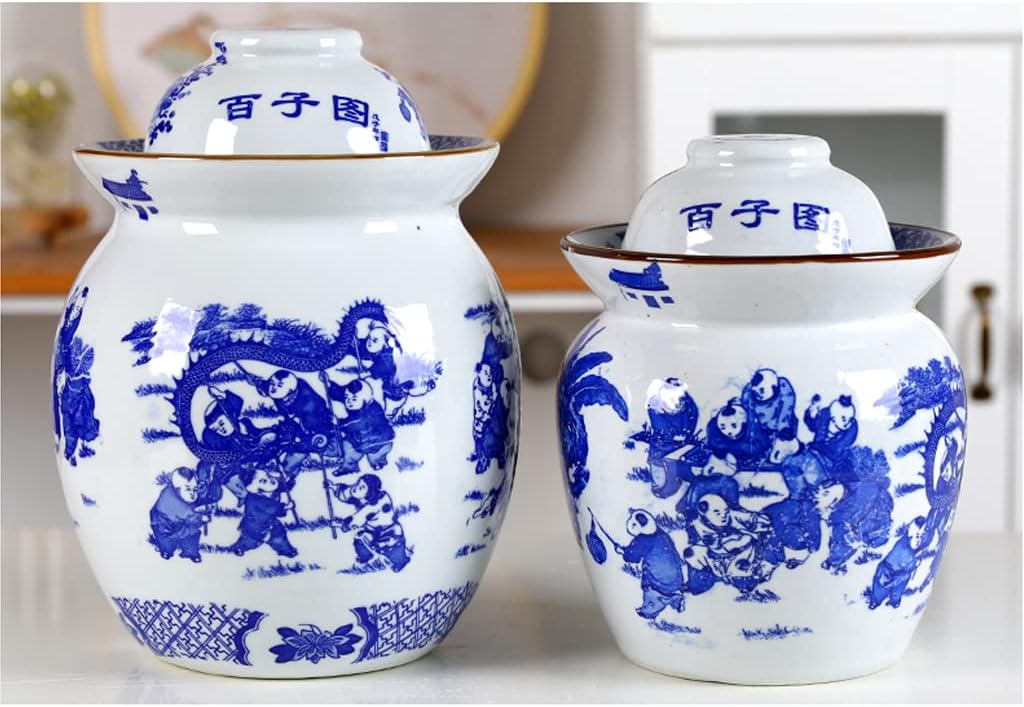 White Traditional Chinese Porcelain Pickle Jar, Ceramic Fermentation Crock Pickling Pot,Fermenting Jar with Water Seal Airlock Lid Stoneware Fermenter for Kimchi 7KG