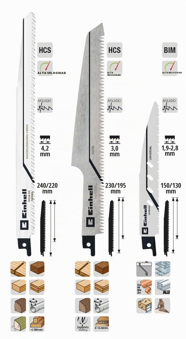 Einhell - Juego de 3 hojas de sierra universal (para madera y metal, accesorios para sierras universales o cortadoras de sierra, ideal para dispositivos con batería)