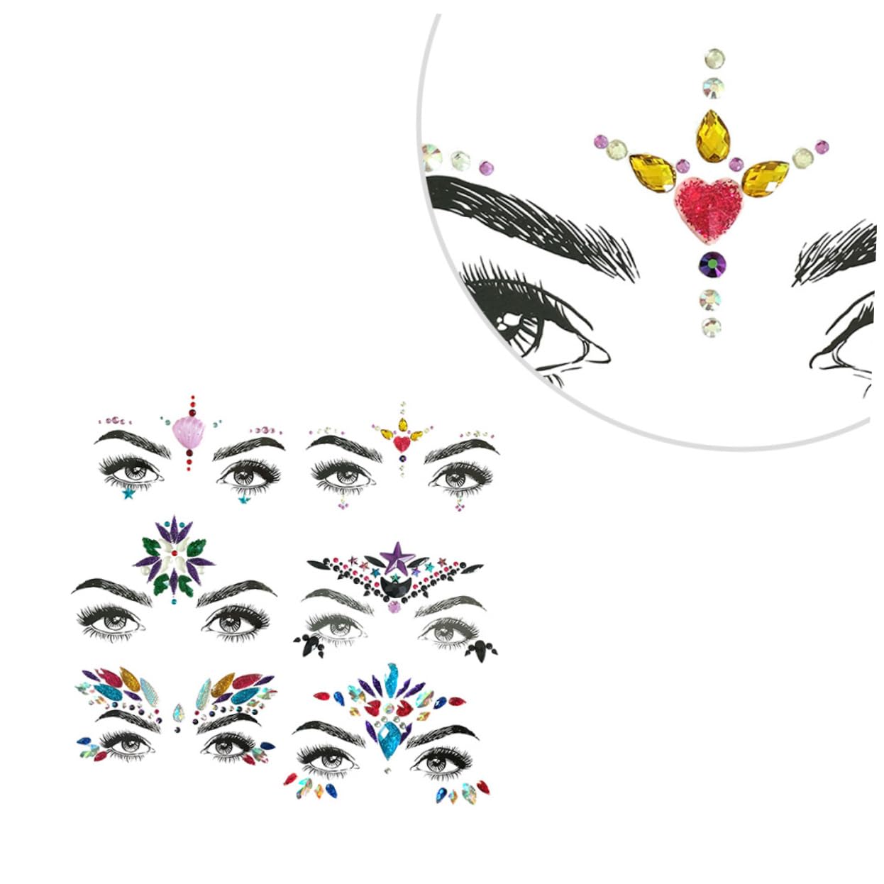 FRCOLOR 2 Set Di Gioielli Adesivi Per Il Viso Glitterati Adesivi Per Il Corpo Per Festival Per Trapano in Acrilico Strass Di Cristallo Per Feste 6 Pezzi*2