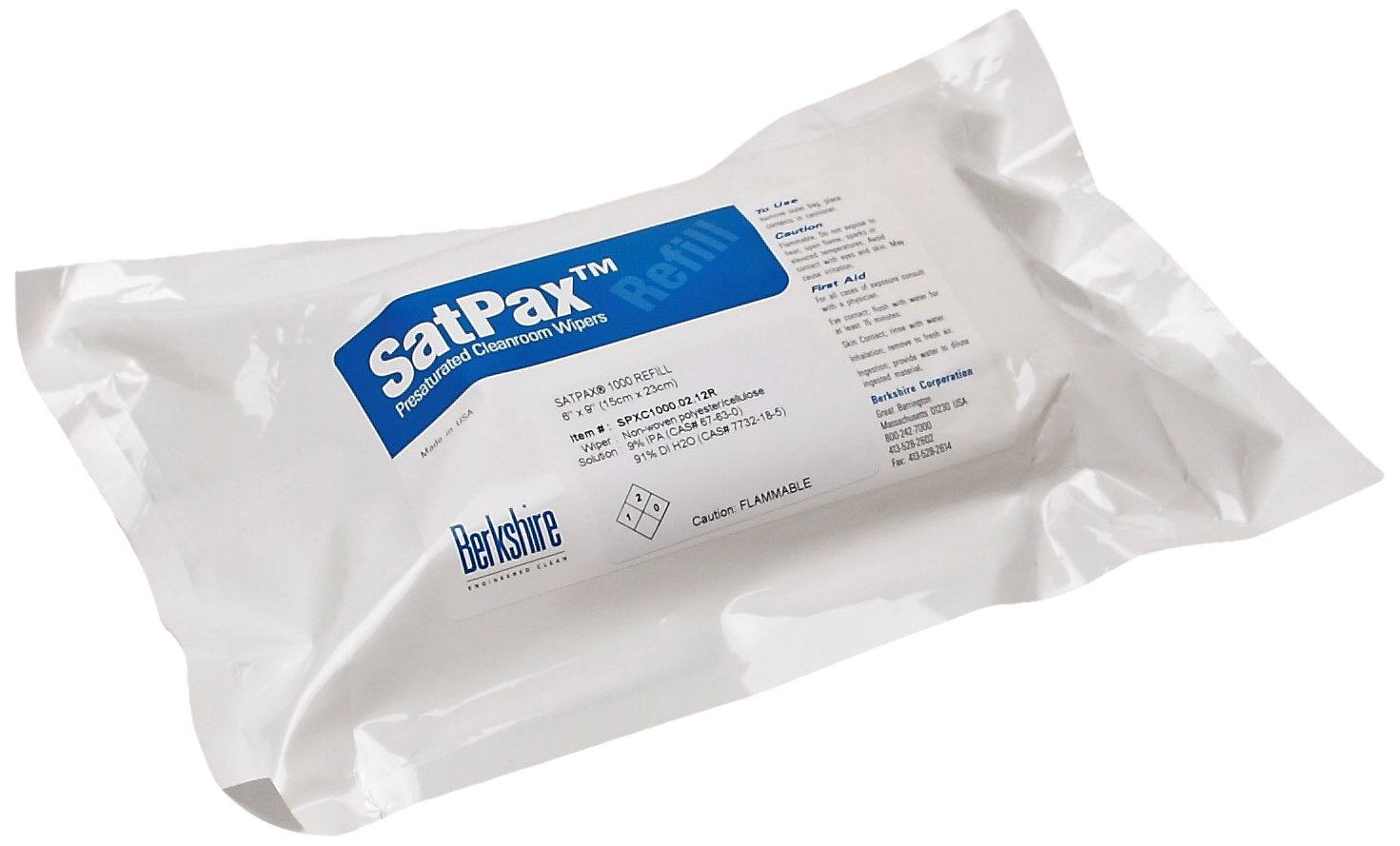 Berkshire Satpax 1000R 55% Cellulose/45% Polyester Pre-Saturated (9% IPA/91% DI Water) Nonwoven Cleanroom Wipers, 6