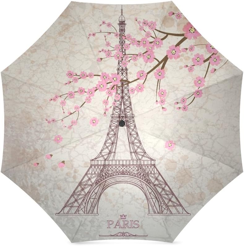 Paris Eiffel Tower with Flowers Storm-Resistant Umbrella Compact Folding Travel Rain/Sun Umbrella