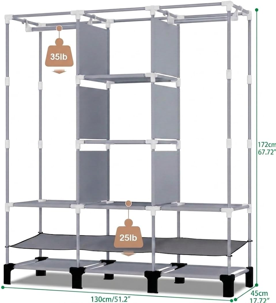 Portable Non-Woven Fabric Wardrobe, 2 Hanging Rods & Multi Tier Storage Shelves, 18 Side Pockets Clothes Closet Organizer, 130×45×172cm for Bedroom Dorm Living Room, Gray (Gray)