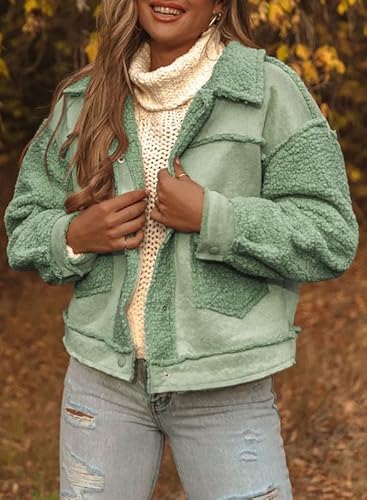 Dokotoo Womens Winter Pocketed Sherpa Lined Faux Suede Shacket Jackets Fleece Fur Collar Snap-Button Long Sleeve Outwear Coat For Women,S,Green #TOP2